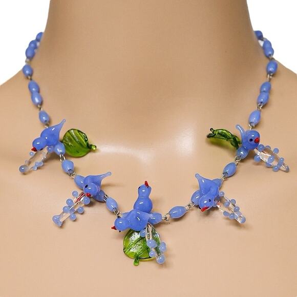 Murano Jewelry - Vintage Murano Venetian Glass Tutti Frutti Birds Necklace Periwinkle Blue Read